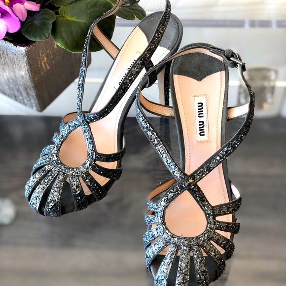 MIU MIU GLITTER STRAPPY SLINGBACK SANDAL HEEL - Picture 2 of 8